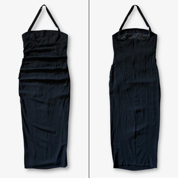 VICI Ruched Black Linen-Like Halter Maxi Dress Womens Large Formal Wedding Guest - Picture 4 of 16